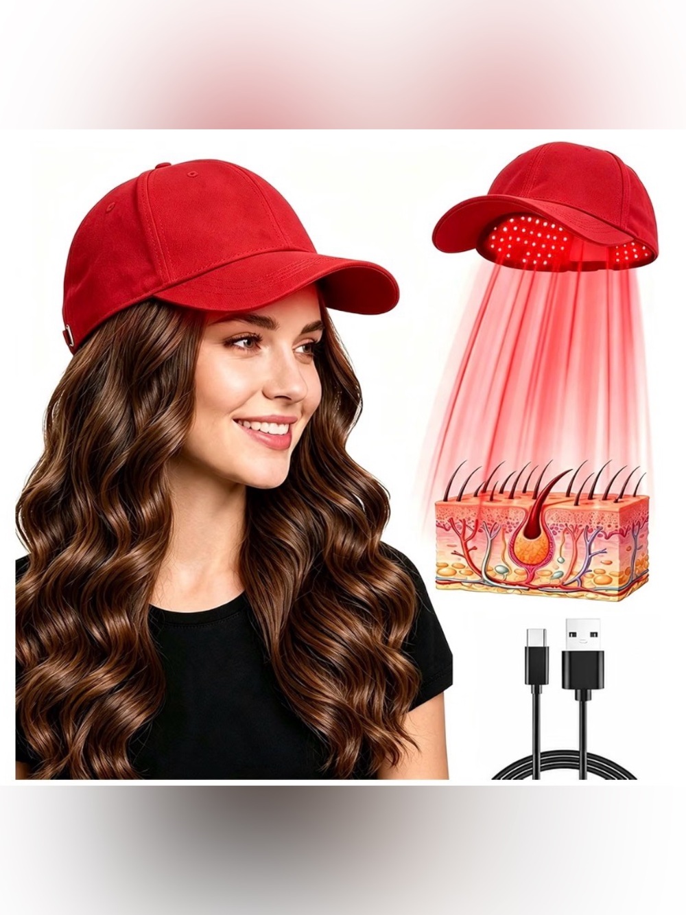 Red LED Therapy Hair Growth Cap for Women Men. - Red New